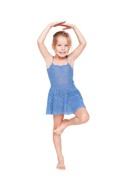 Funny pretty little girl in blue dress i — Stock Photo, Image
