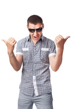 Impudent young man in sunglasses hands make thumbs up isolated o clipart