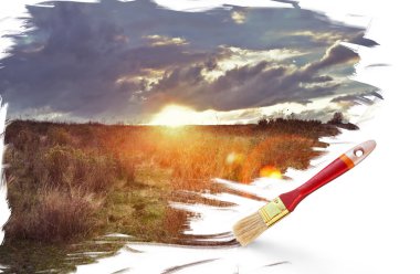 Painting beautiful sunset with dark clouds clipart