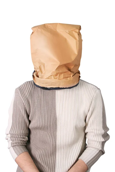 Person mit Papier auf dem Kopf isoliert auf weißem Hintergrund — Stockfoto
