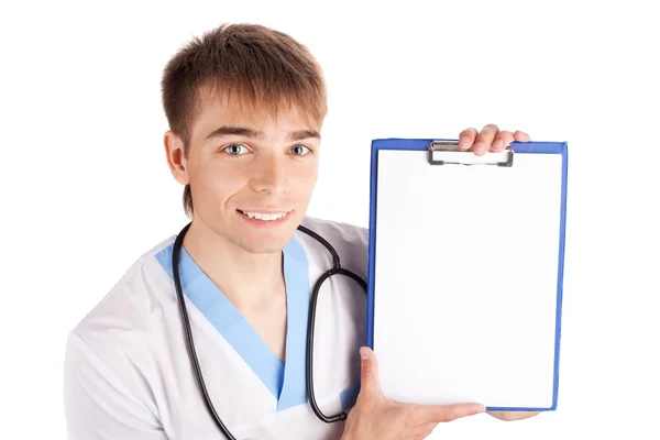 Beyaz arka plan üzerinde izole Pano holding tıp doktoru — Stok fotoğraf
