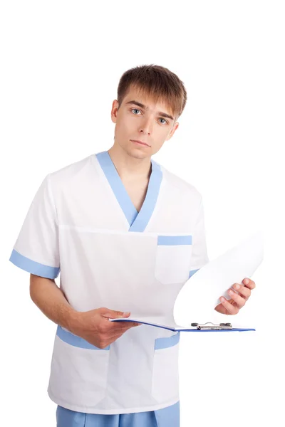 Arzt hält Klemmbrett isoliert auf weißem Hintergrund — Stockfoto