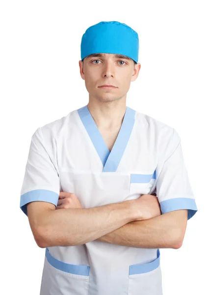 Νεαρός ιατρός απομονωμένος σε λευκό φόντο — Φωτογραφία Αρχείου