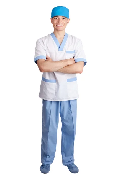 Jovem médico sorridente isolado em fundo branco — Fotografia de Stock