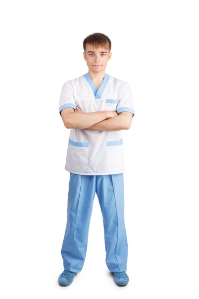 Médico jovem isolado em fundo branco. Comprimento total p — Fotografia de Stock