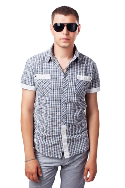 Ung person i solglasögon isolerad på vit bakgrund — Stockfoto
