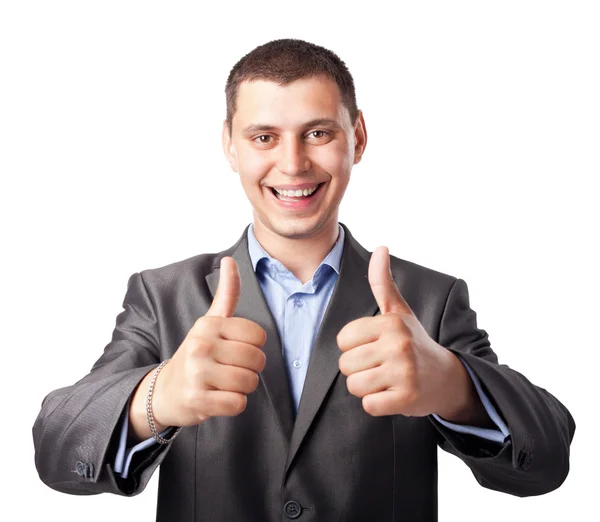 Sorridente felice giovane uomo d'affari mani fare pollici su isolato su — Foto Stock