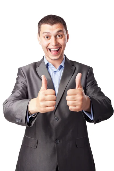 Sorrindo feliz jovem homem de negócios mãos fazer polegares isolados em — Fotografia de Stock