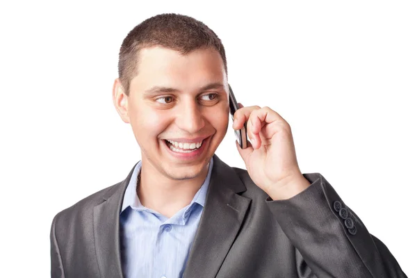 Portret van lachende gelukkig jonge zakenman met mobile close-up — Stockfoto
