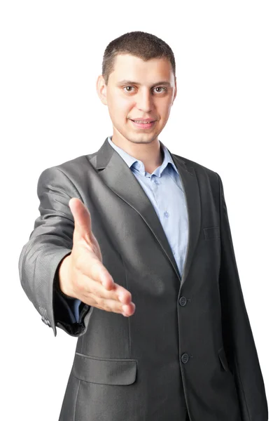 Бизнесмен-консультант протягивает руку, чтобы пожать изолированные на белом — стоковое фото