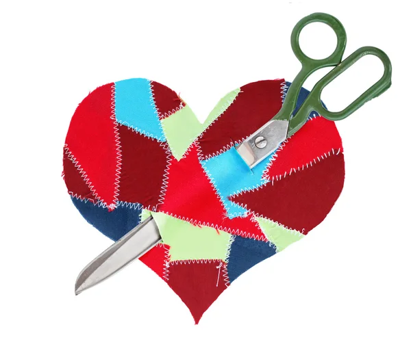 Fabric scraps heart with scissors — Stock Photo, Image