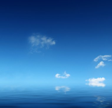 Cloudy blue sky leaving for horizon above a blue surface of the sea clipart