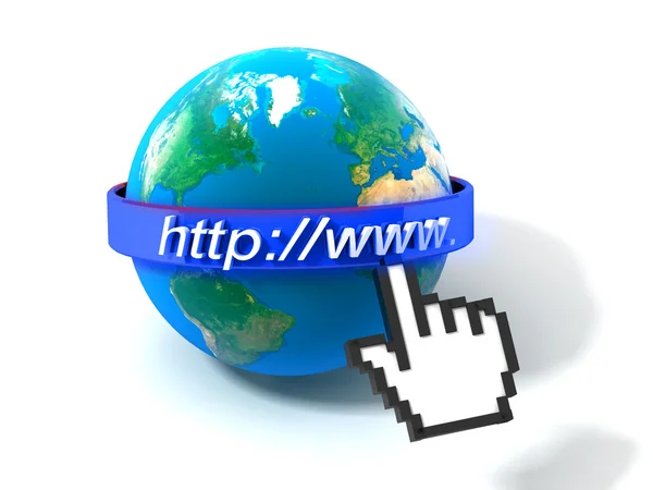 3D-Darstellung der Erdkugel mit Internetadresse, über weißem Hintergrund — Stockfoto
