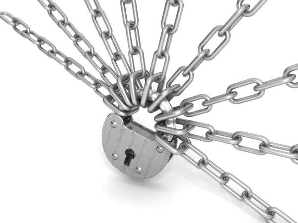 Cadeado trancado com correntes de prata na cruz, forma, isolado no backgr branco — Fotografia de Stock
