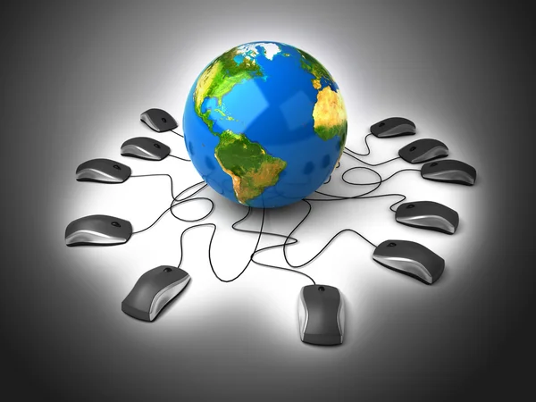 Earth Globe connected with computer mouses. — Stock Photo, Image