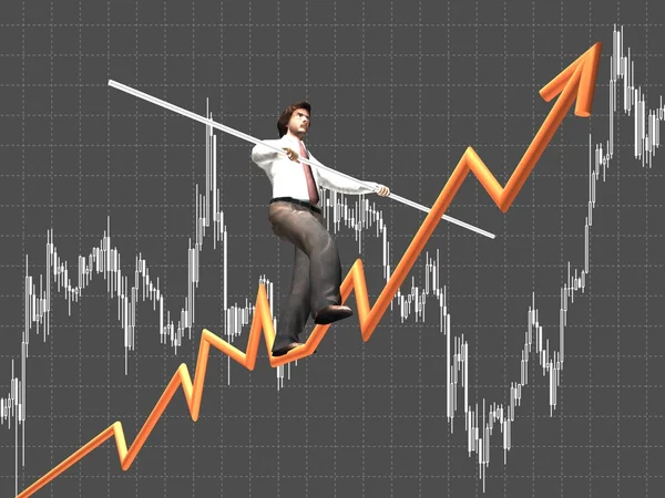 Geschäftsmann auf einer Finanzgrafik, die nach oben zielt — Stockfoto