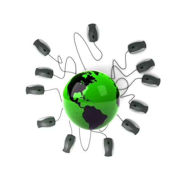 Earth Globe connected with computer mouses — Stock Photo, Image