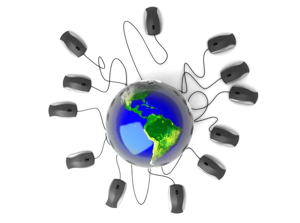 Earth Globe connected with computer mouses. — Stock Photo, Image