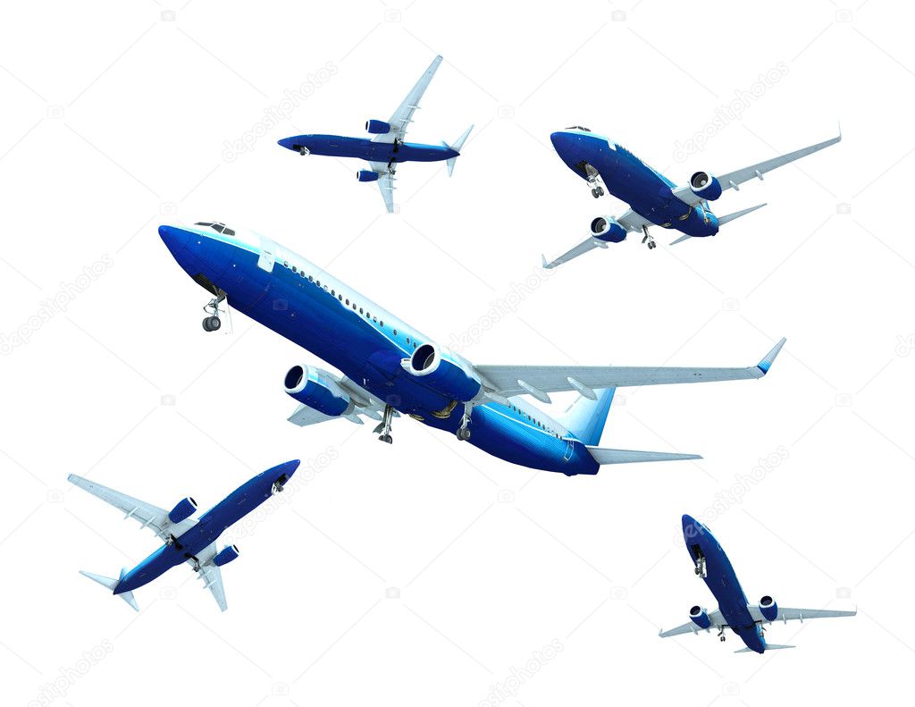 Jet airplane landing, isolated on white