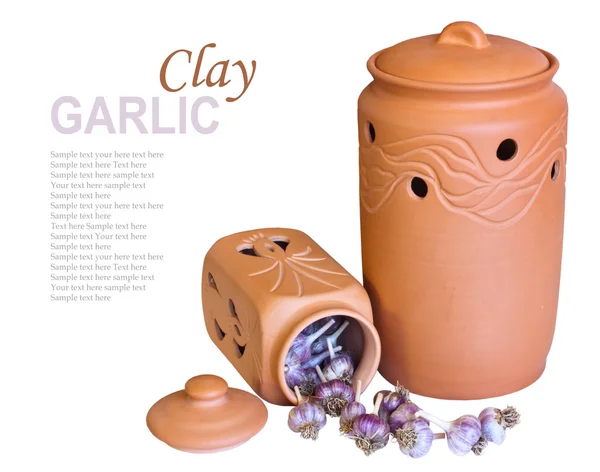 Two clay vessels with garlic — Stock Photo, Image