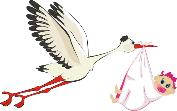 Stork delivering a newborn baby girl — Stock Vector