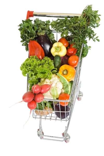 Carrinho de compras com legumes - vista superior, isolado — Fotografia de Stock