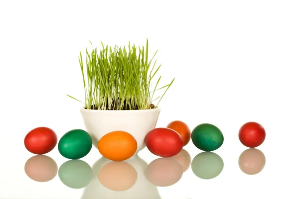 Pasen symbolen - verse groene gras en kleurrijke eieren — Stockfoto