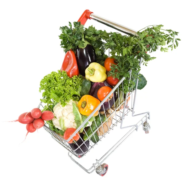 Comestibles de verduras frescas en el carrito de la compra — Foto de Stock