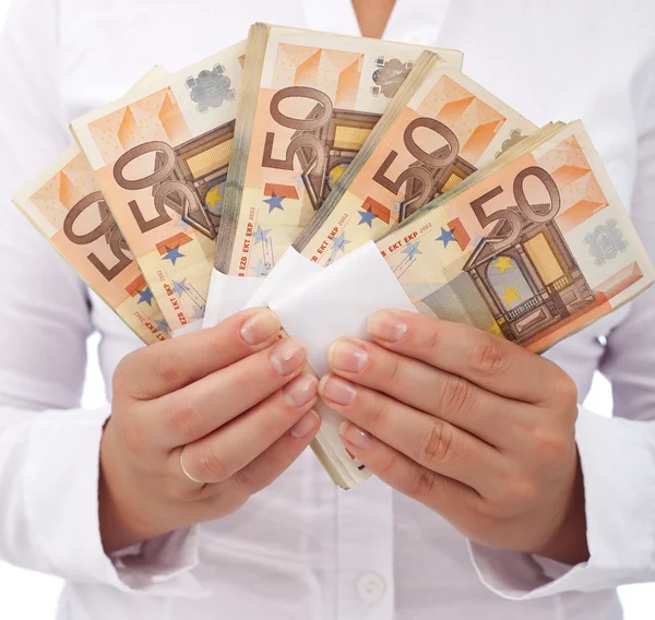 Pilha de euros em mãos de mulher — Fotografia de Stock