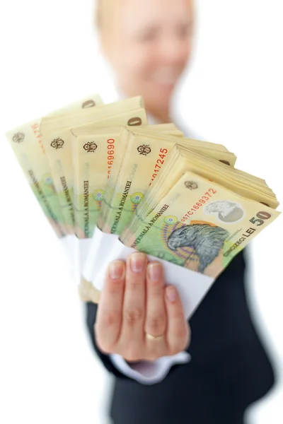 Woman holding stacks of romanian currency — Stock Photo, Image