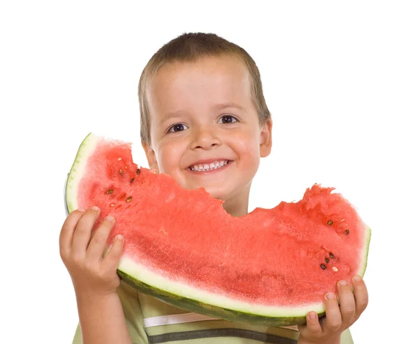 Ekstatischer Junge mit Wassermelonenscheibe — Stockfoto
