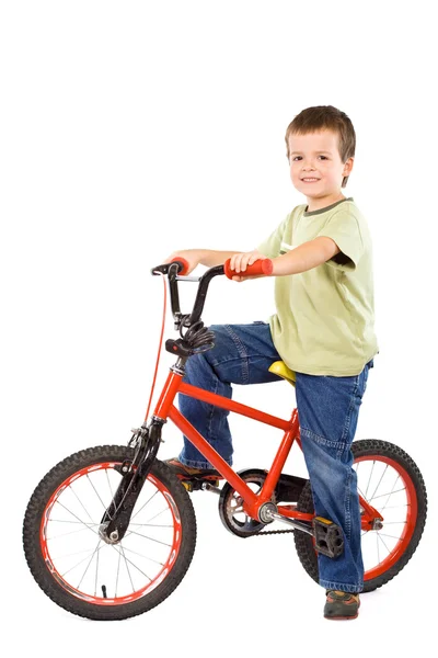 Menino feliz e sua bicicleta amada — Fotografia de Stock