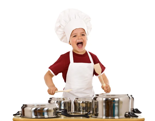 Heureux chef crier et frapper l 'cuisson casseroles — Photo