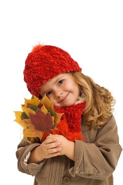 Маленькая девочка держит осенние листья — стоковое фото