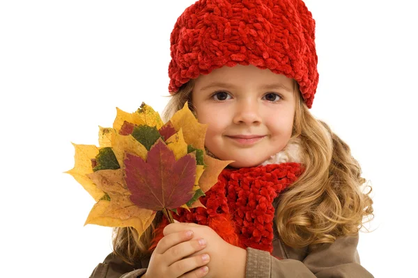 Kis lány portré, az őszi levelek — Stock Fotó