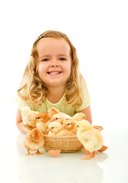 Happy girl with her Easter baby chickens — Stock Photo, Image