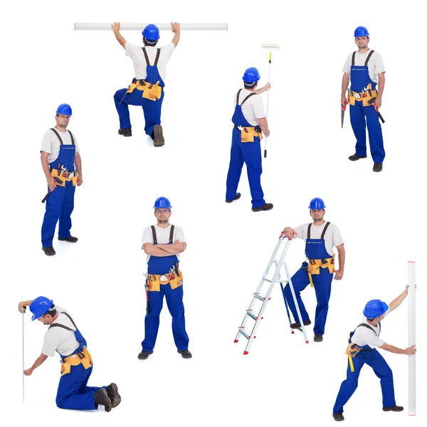 Handwerker oder Arbeiter in verschiedenen Arbeitspositionen Stockbild