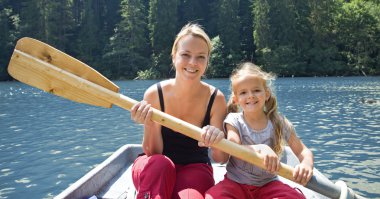 Woman and little girl on the lake in a little boat clipart