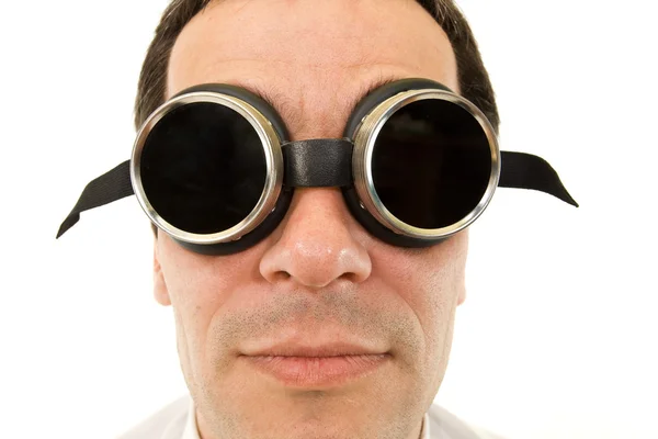 Man with large dark protective goggles — Stock Photo, Image