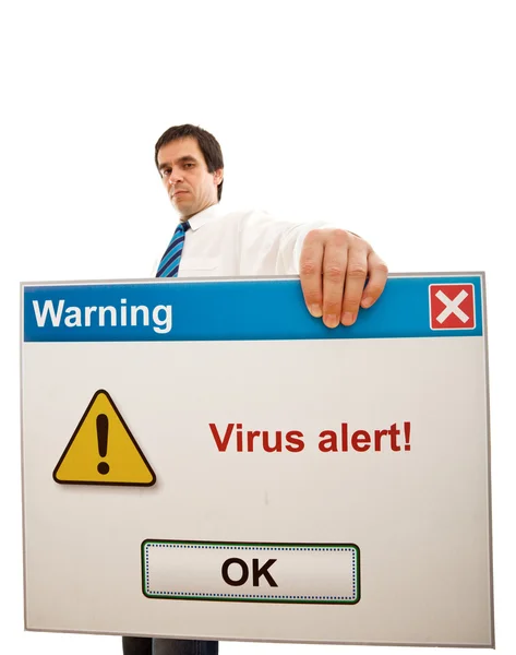 Hombre de negocios serio con alerta de virus informático — Foto de Stock
