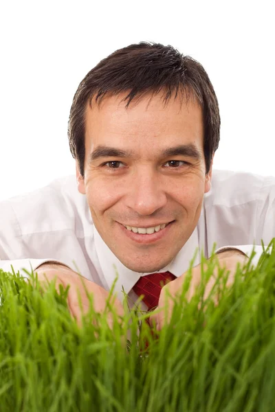 Businessman hiding in grass - isolated — Stock Photo, Image