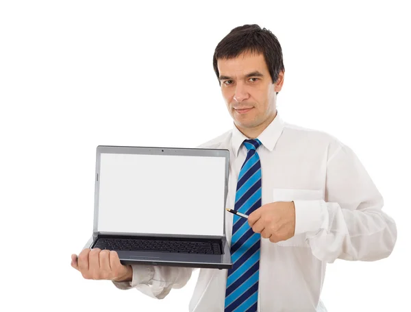 Analista de mercado mostrando tela do laptop — Fotografia de Stock