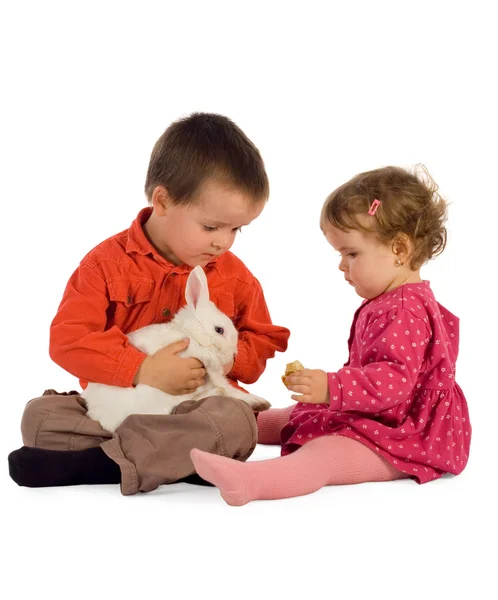 Dvě děti krmení králíčka — Stock fotografie