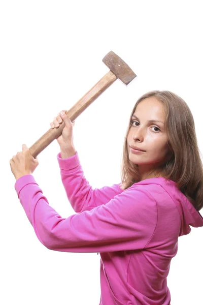 Vrouw met hamer — Stockfoto