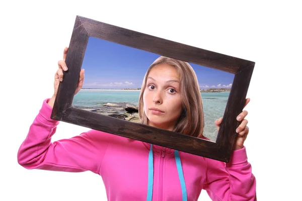 Vrouw met frame, reizen concept — Stockfoto