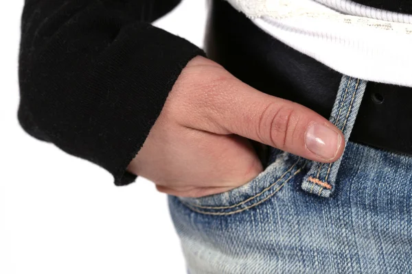 Hand in spijkerbroek — Stockfoto