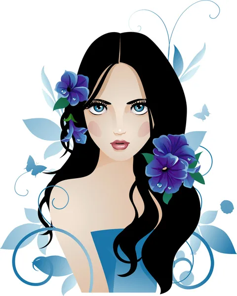 Κορίτσι με τα μπλε λουλούδια — Διανυσματικό Αρχείο