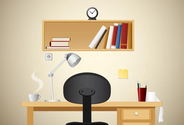 Mesa con herramientas de dibujo, una taza de café y lámpara de mesa — Vector de stock
