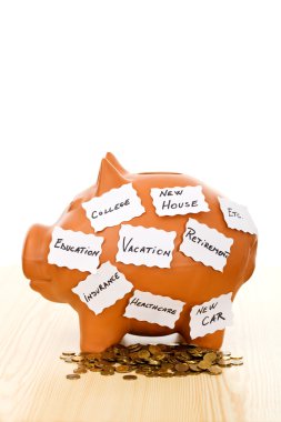 Piggy bank with notes - saving concept clipart