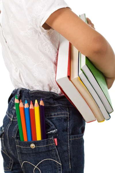 De volta à escola - criança com livros coloridos e lápis — Fotografia de Stock